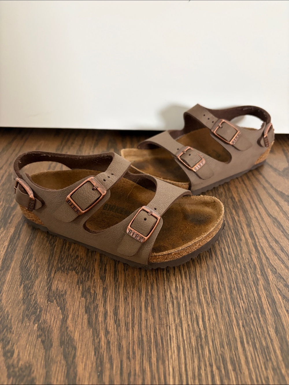 Birkenstock Kids Brown Triple-Strap Sandals with Copper Buckles size US9